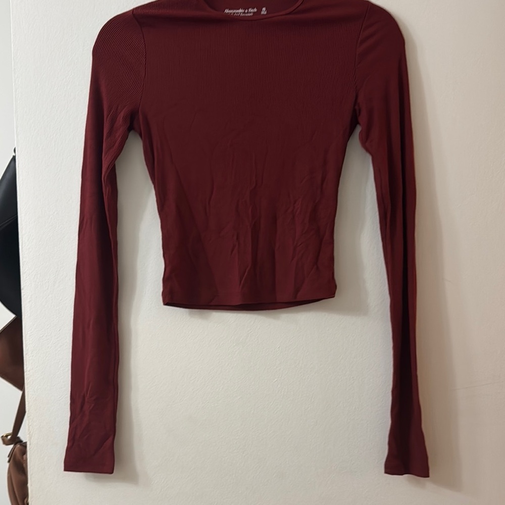 Abercrombie & Fitch Red Fitted Long Sleeve Crop Blouse